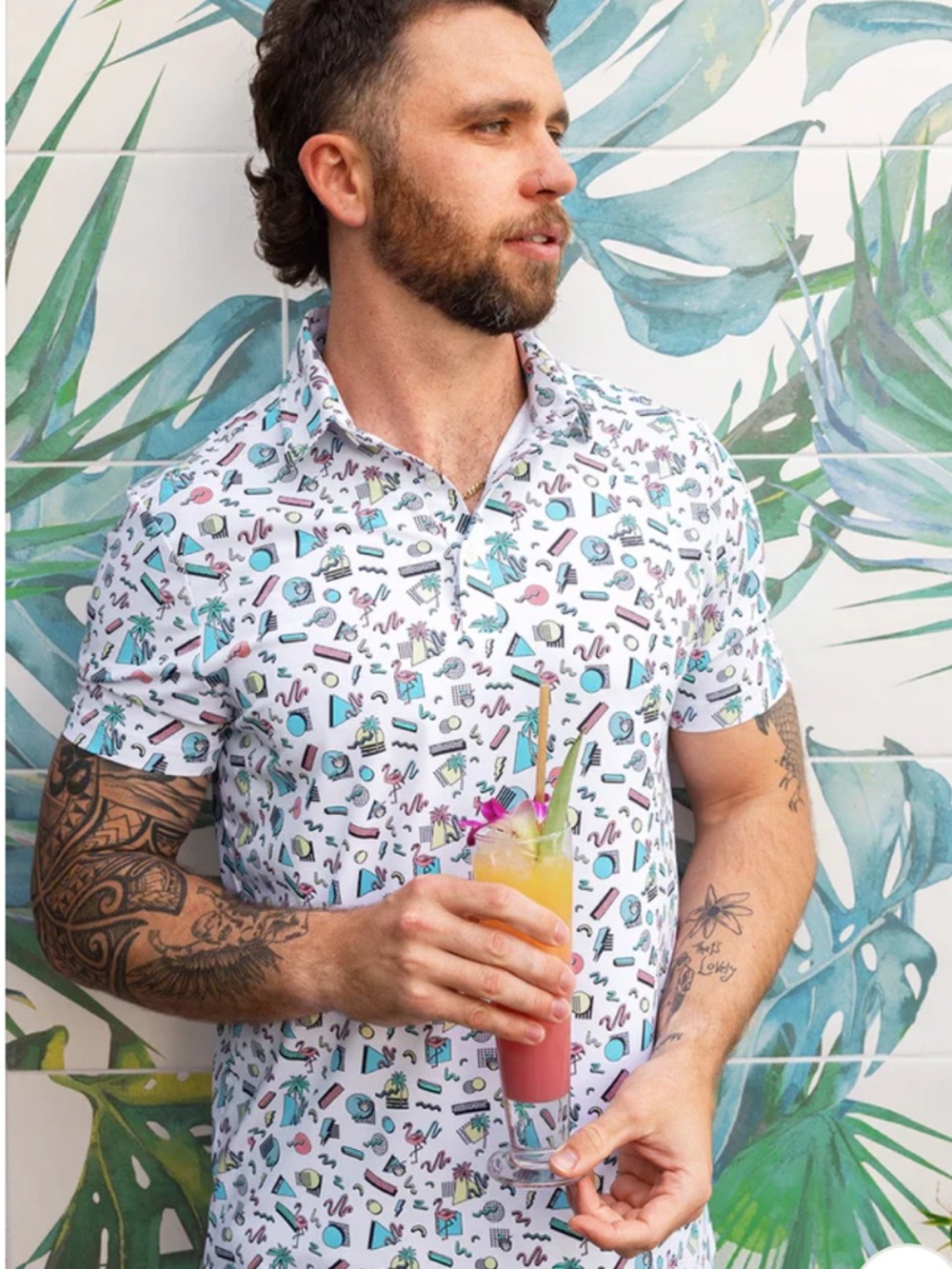 Sunday Swagger Men's Golf Shirt with Tropical Geo Print, XL